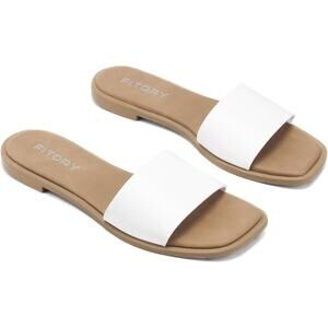 Fitory Womens Size 8 White Faux Leather Slide On Open Toe Flat Sandals Shoes